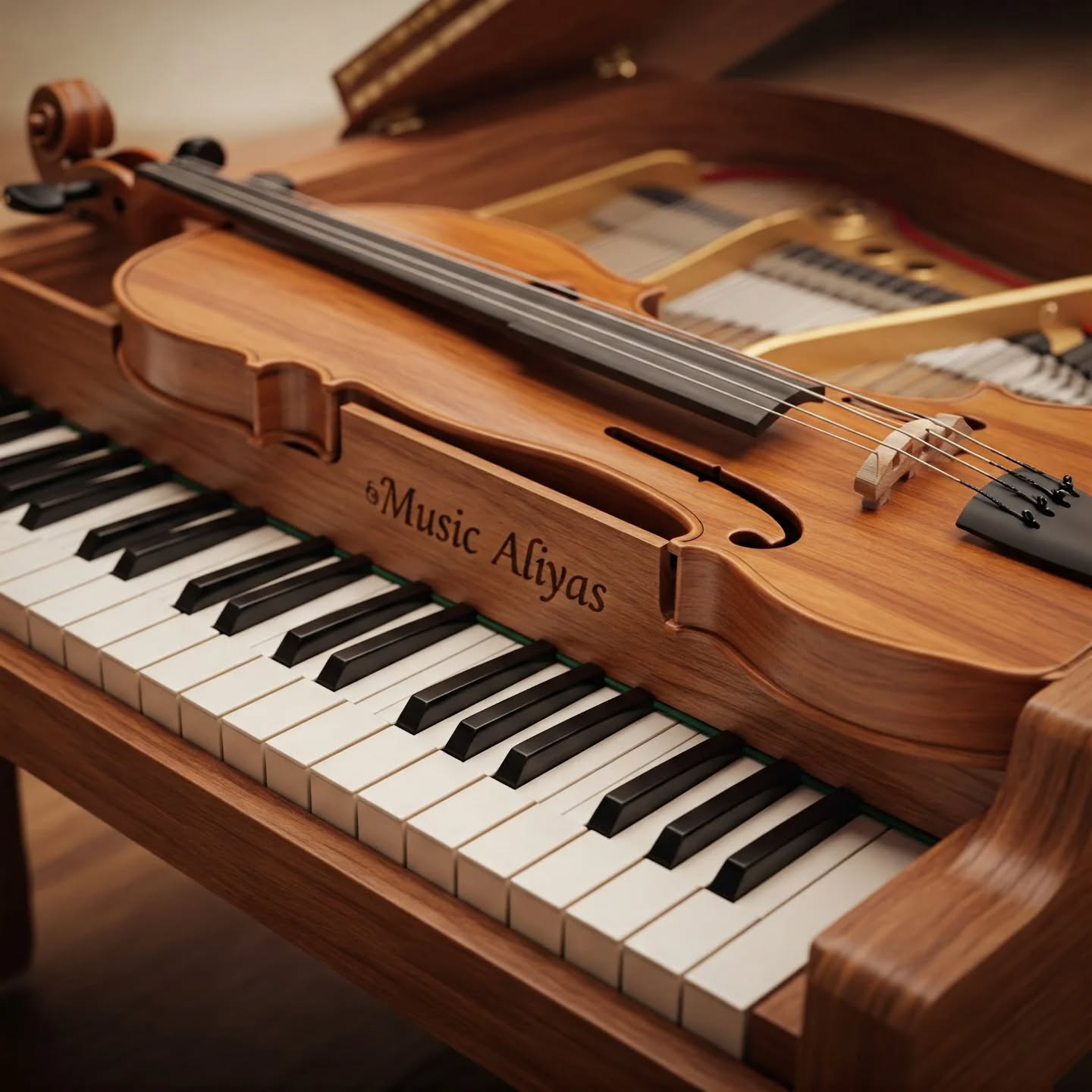 Violin resting across piano keys